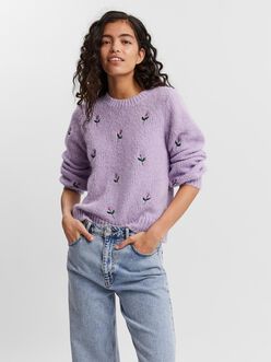 Wine embroidery flowers knit sweater