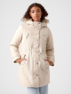 Track faux-fur hooded parka coat