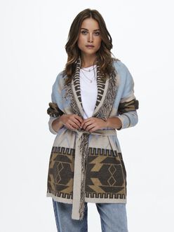 MYRA NORDIC PATTERN CARDIGAN WITH BELT AND FRINGES