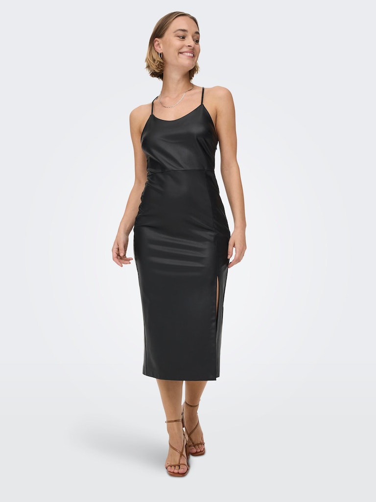 FINAL SALE  - Rina thin straps faux leather midi dress, BLACK, large