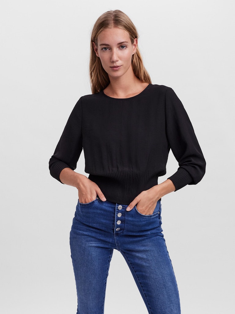 Uris long sleeves plissé blouse, BLACK, large