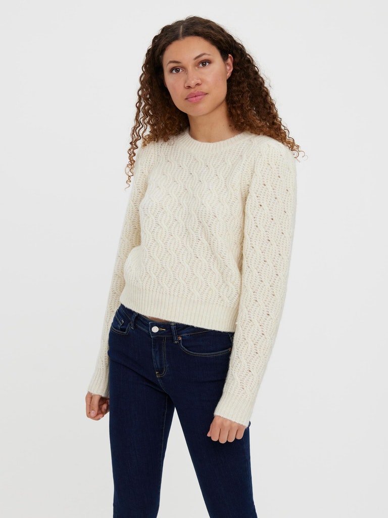 Lola puffy shoulders cable knit sweater, BIRCH, large
