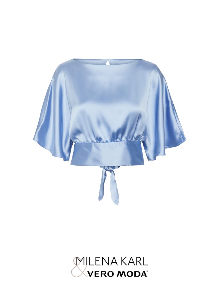 Milena butterfly sleeves cropped satin blouse, SERENITY, large