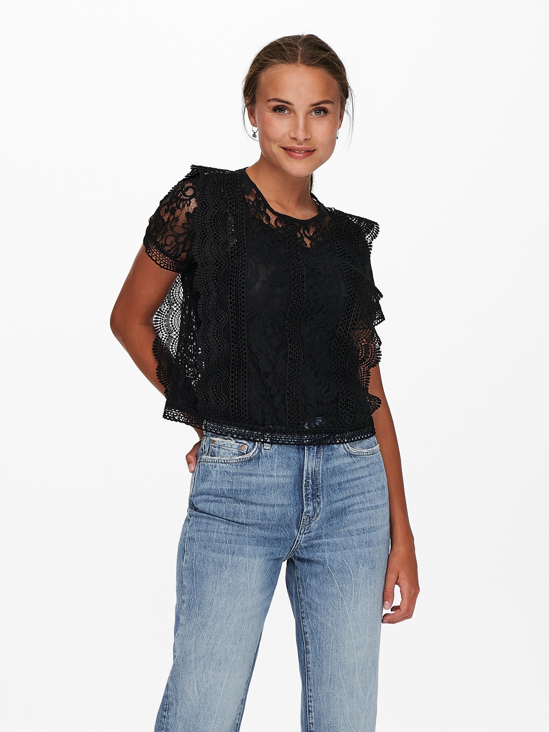 Lona lace overlay blouse, BLACK, large