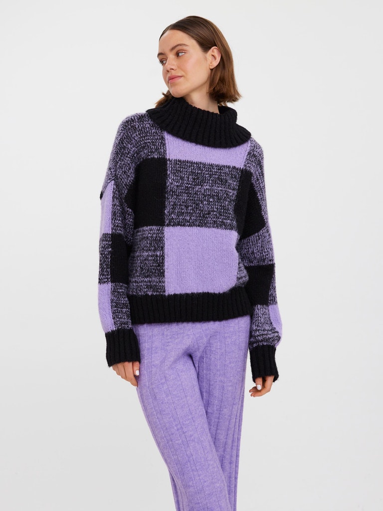 FINAL SALE- Crystal turtleneck checkered sweater, BLACK&PURPLE, large