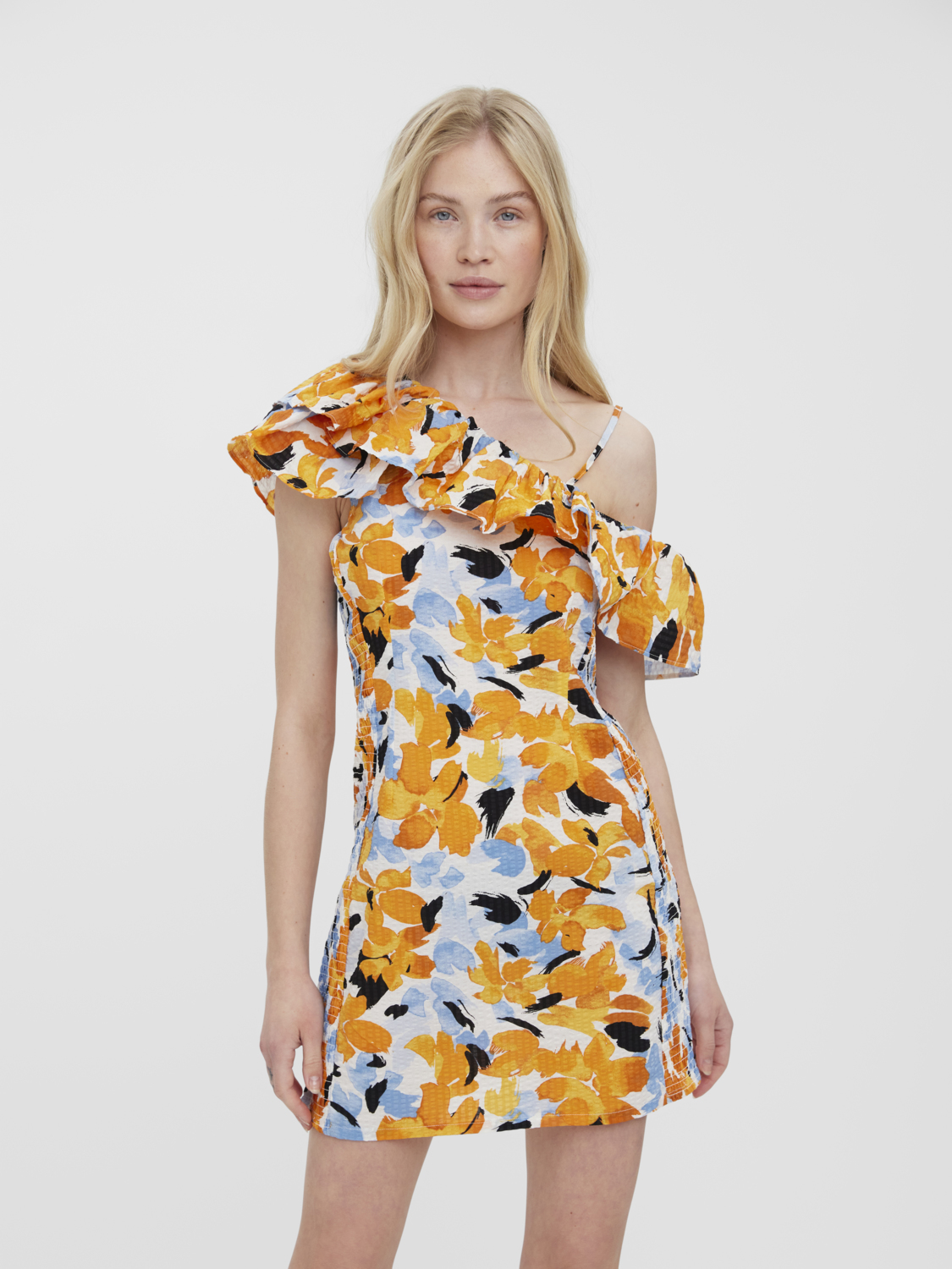 Nala asymmetrical off-the-shoulder floral mini dress