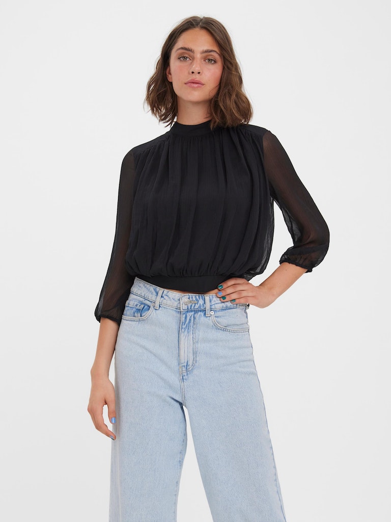FINAL SALE- Kaya cropped mesh-sleeve blouse, BLACK, large