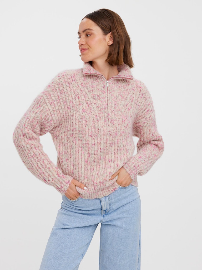 Claudia high-neck half-zip sweater, HOT PINK, large