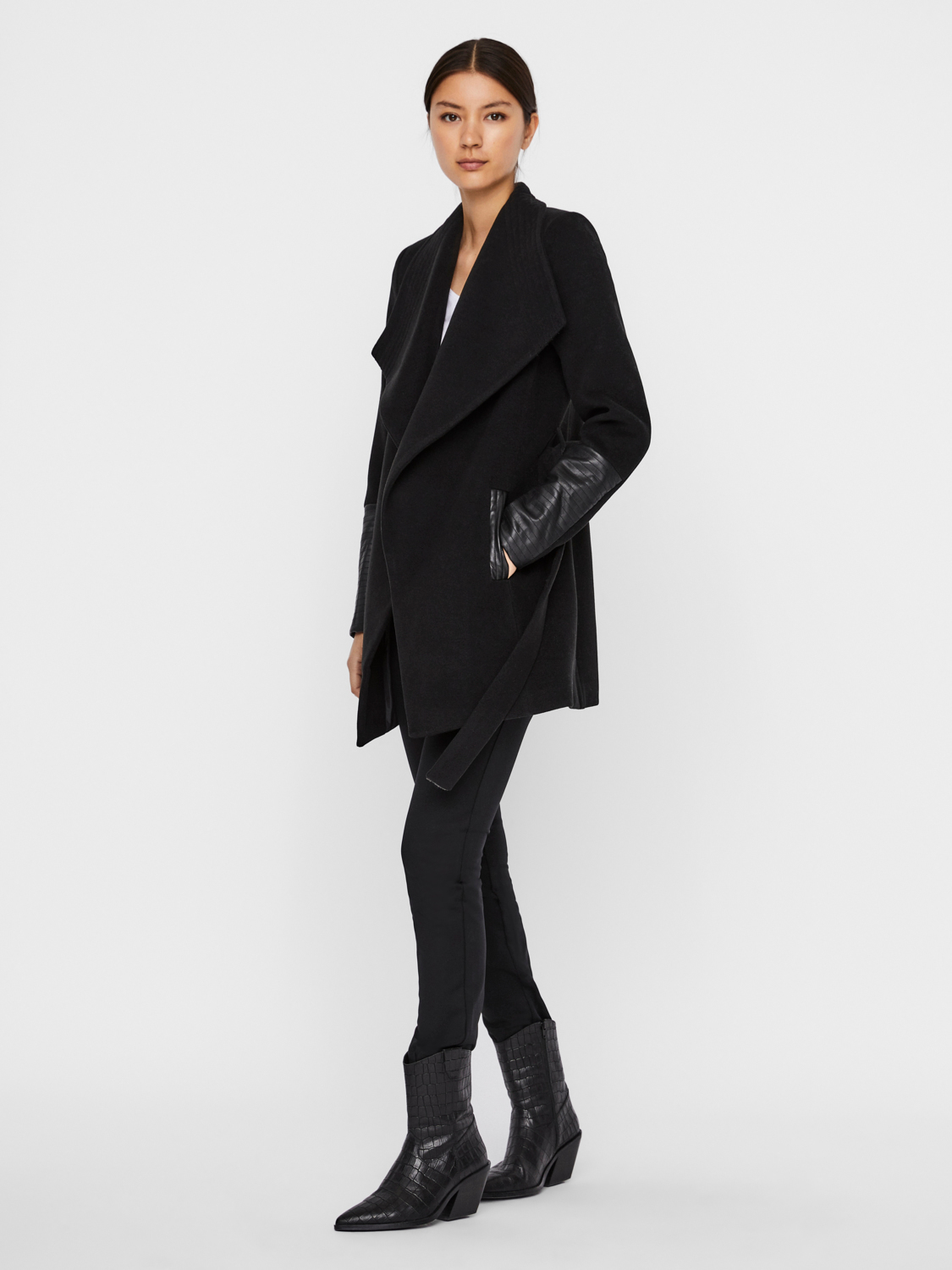 Cala coat with faux leather sleeves, BLACK, large