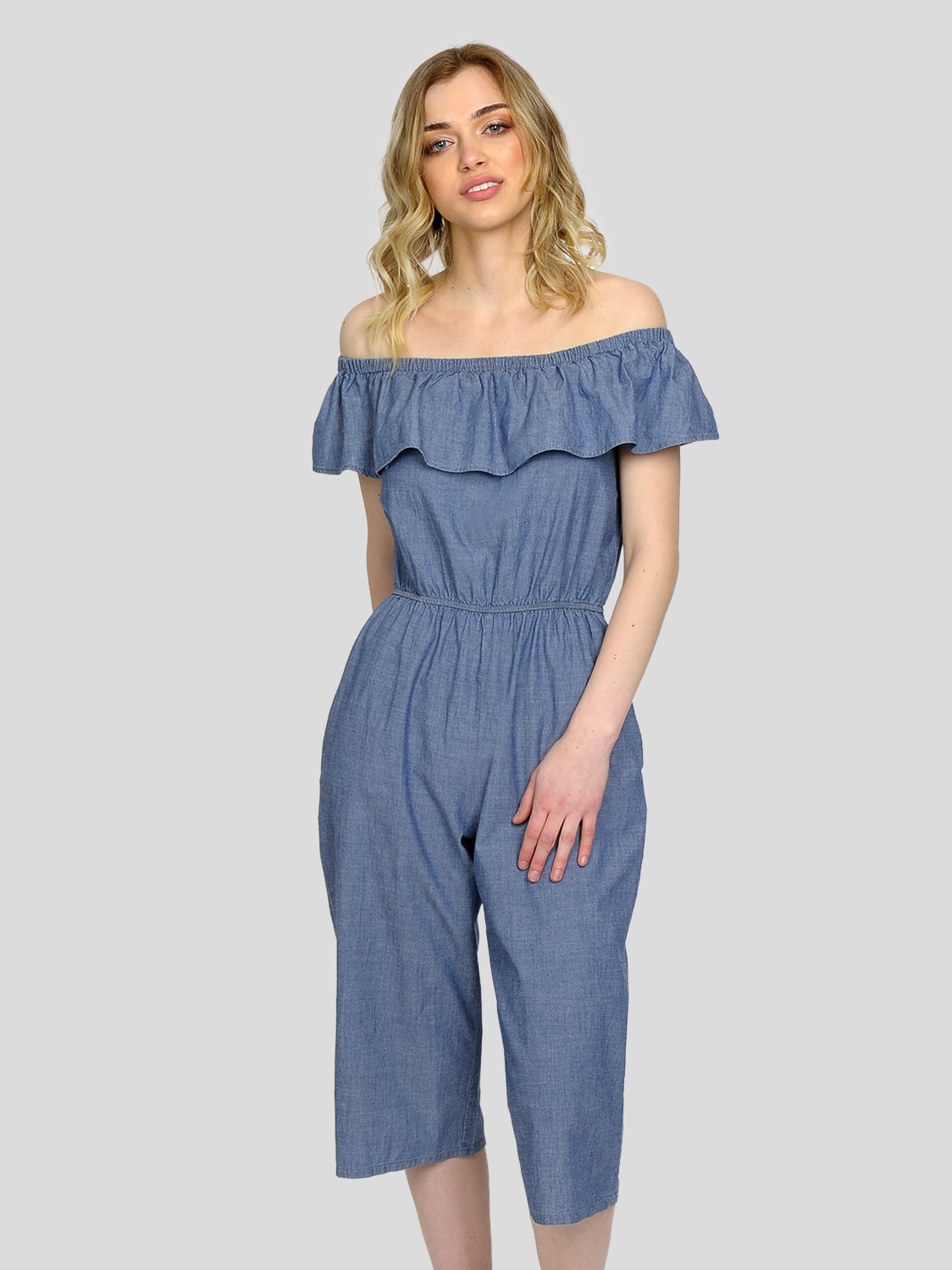 FINAL SALE - OFF-THE-SHOULDER CHAMBRAY JUMPSUIT
