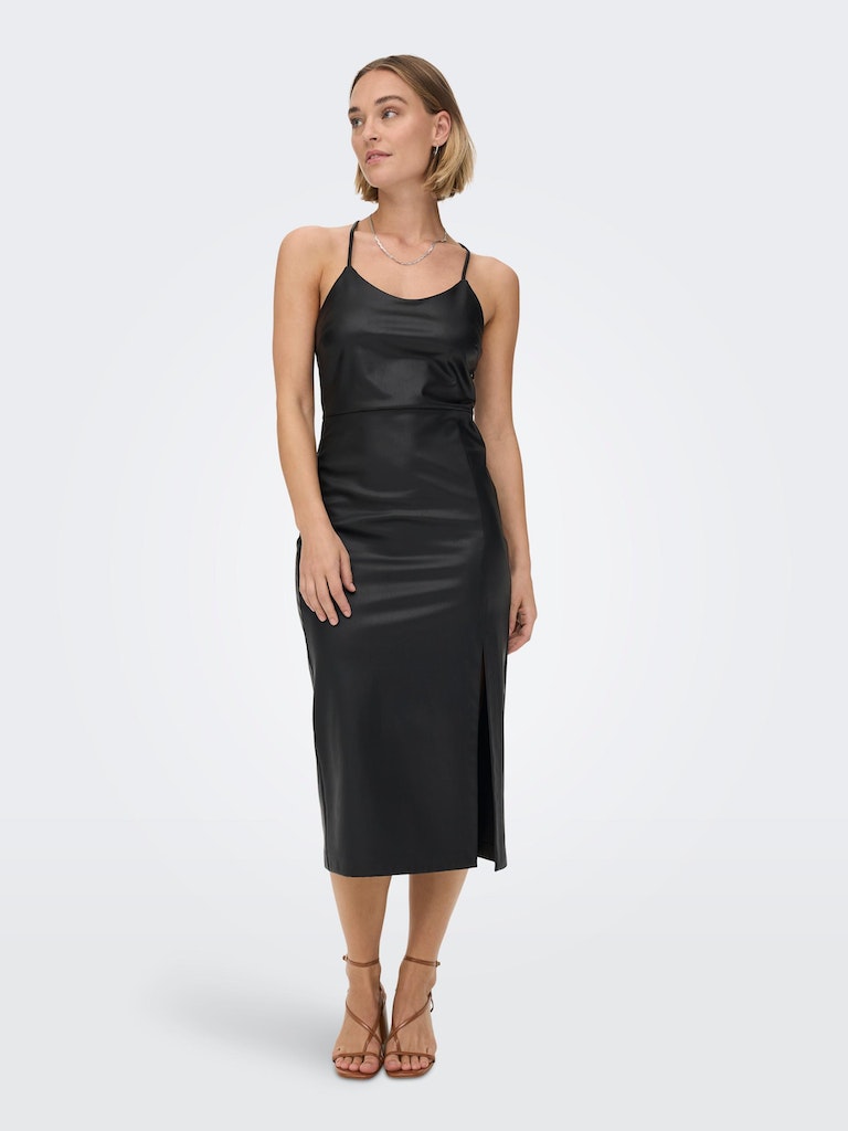 FINAL SALE  - Rina thin straps faux leather midi dress, BLACK, large