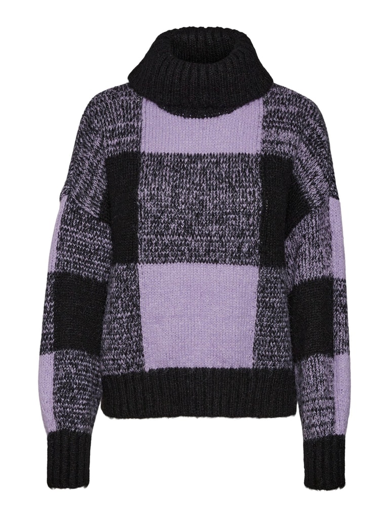 FINAL SALE- Crystal turtleneck checkered sweater, BLACK&PURPLE, large