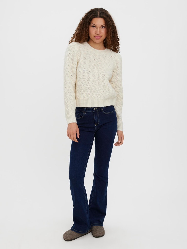 Lola puffy shoulders cable knit sweater, BIRCH, large