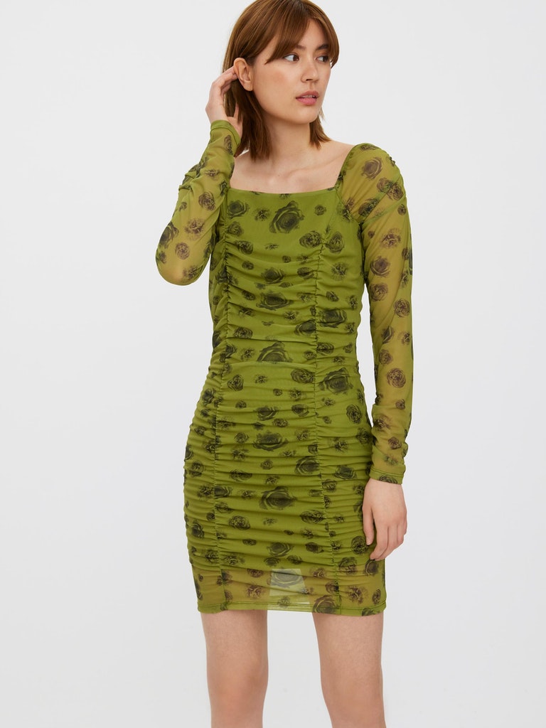 FINALE SALE- AWARE | Lima ruched long-sleeve dress, WOODBINE, large